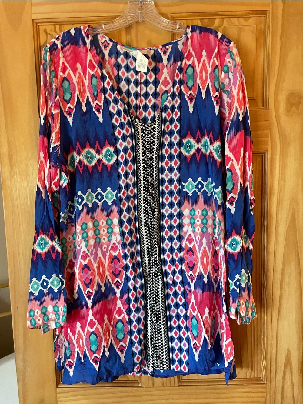 La Blanca Navy, Pink & Teal Geometric Open-Front Blouse